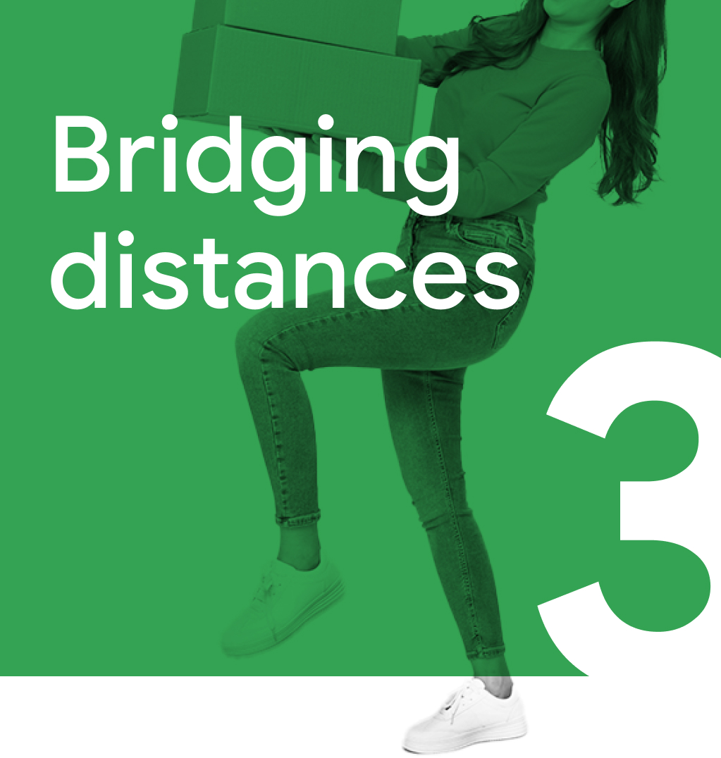 Trend 3: Bridging distances. A woman taking a big step forward while carrying a parcel.
