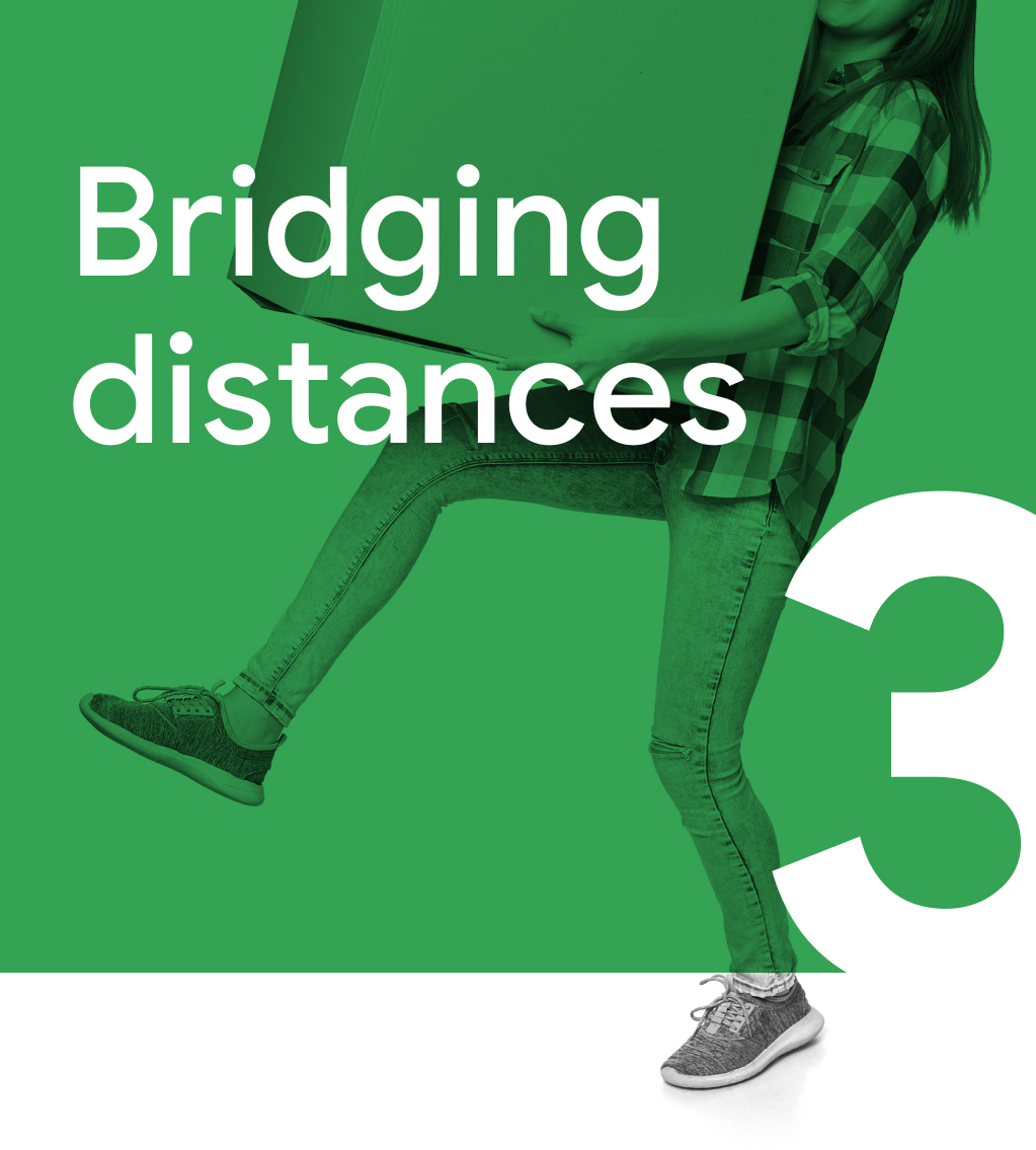 Trend 3: Bridging distances. A woman taking big steps forward while carrying a parcel.