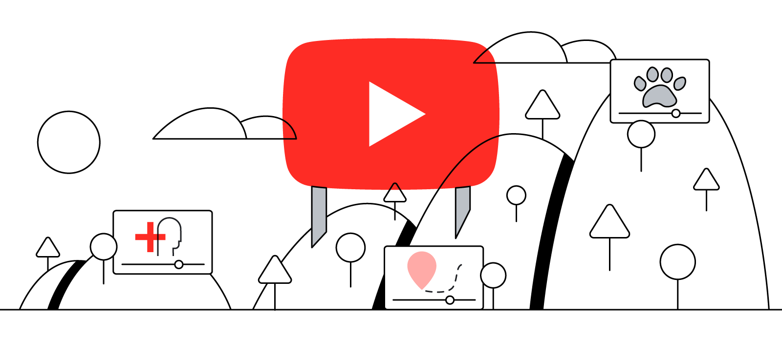 An illustration of a billboard with a YouTube logo stands on a chain of four mountains. Three video players are layered on top: one containing a person's head and a red plus sign, one with a balloon, and one with a paw print.