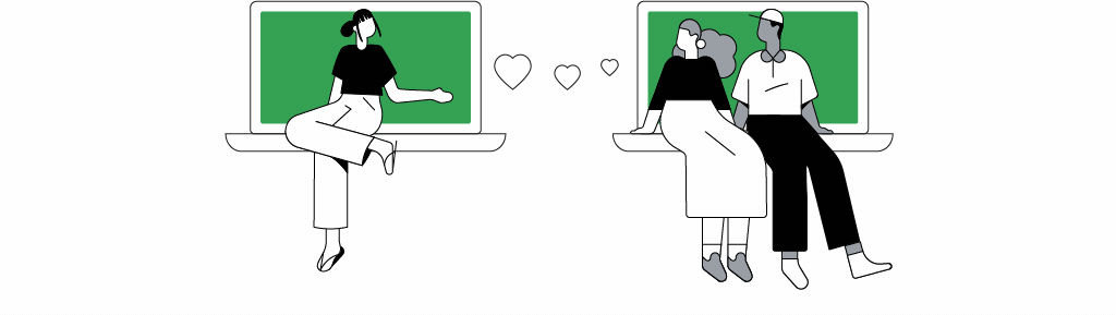 3 Singaporean friends sitting atop giant laptops connected by 3 hearts, representing how people are nurturing deeper relationships and social connection during the pandemic