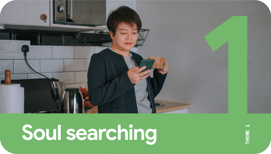 Theme 1: Soul searching. A person using a mobile phone for Search and holding a cup of coffee while standing in the kitchen.