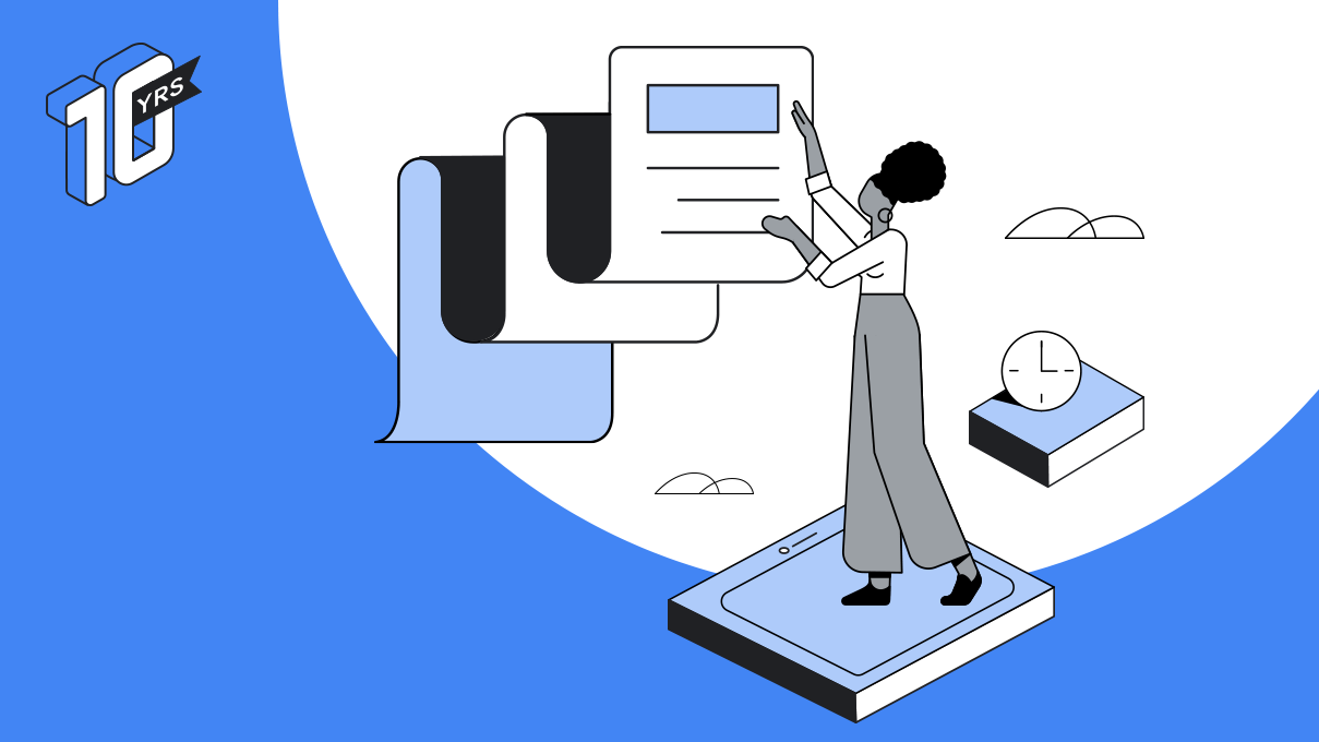 10 years of Think with Google: A dark-skinned person wearing a white dress shirt and stylish gray pants with their hair up in a bun explores a long scroll containing timeless digital marketing articles. A clock appears in the background.
