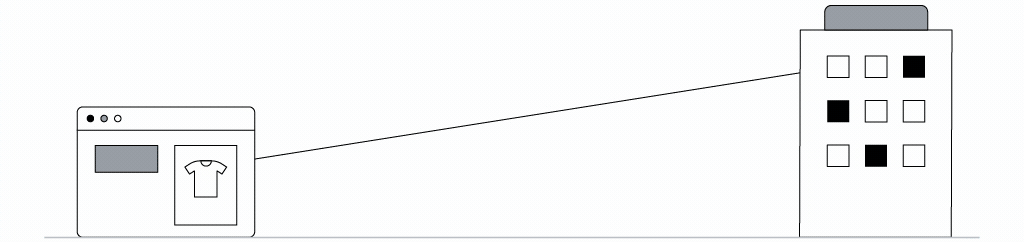 An ecommerce site and a block of apartment connected by a line, representing how brands can use digital channels to reach customers as consumer behavior changes and people adapt to lifestyle changes during the pandemic and stay home