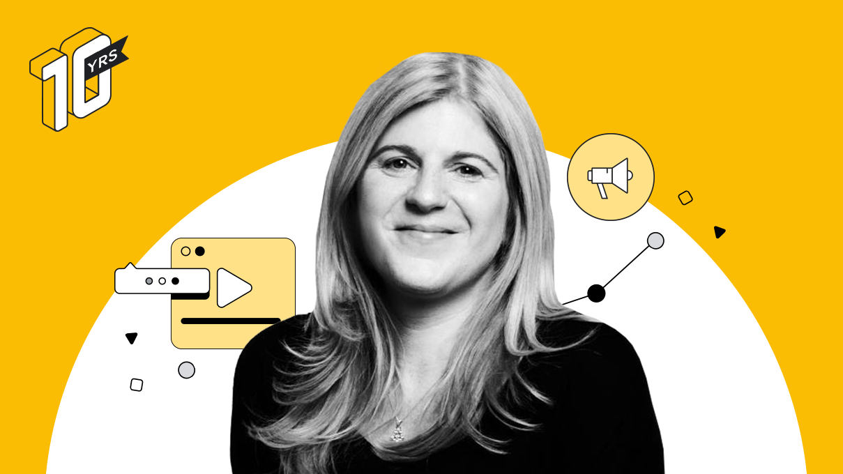 10 years of Think with Google: Lorraine Twohill, CMO of Google, appears surrounded by video player, analytics, and messaging icons.