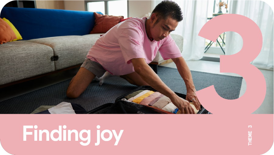 Theme 3: Finding joy. A man packing his luggage at home as he prepares to travel.
