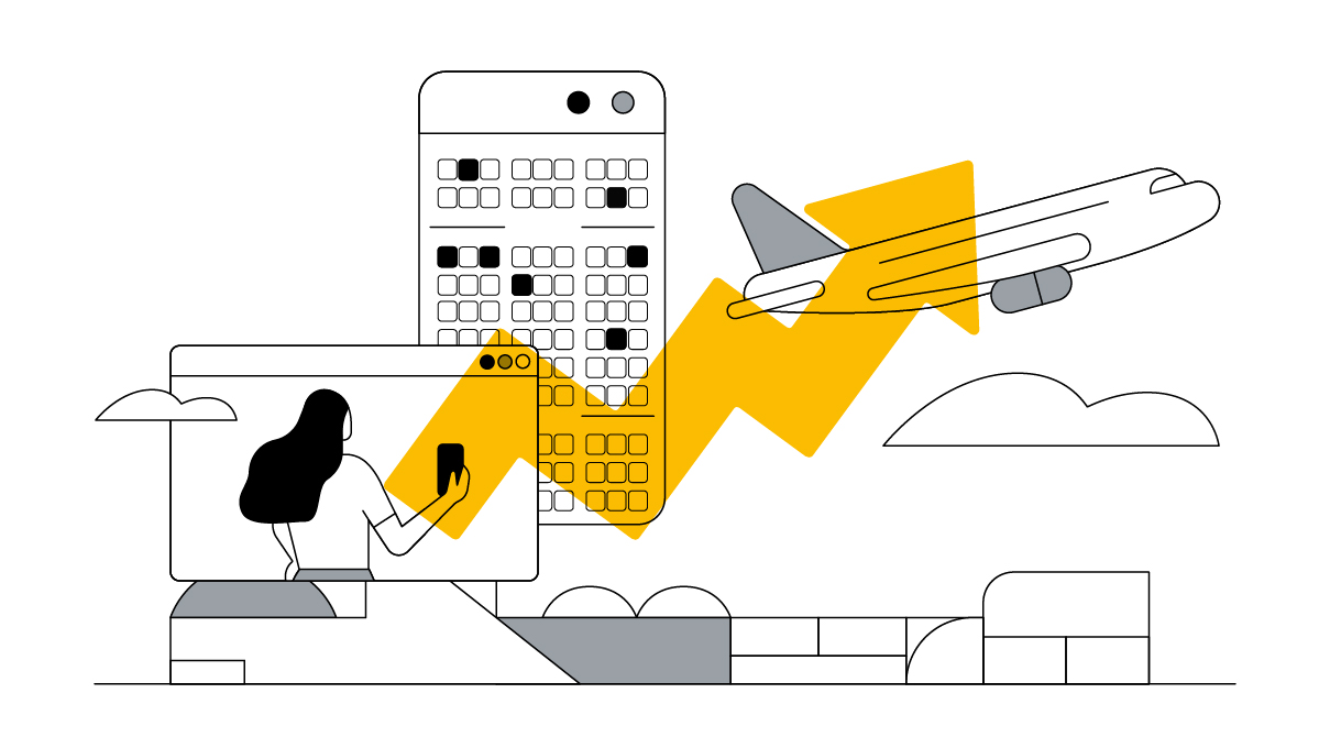 Ilustración de un avión despegndoa en un aeropuerto, en una ventana emergente aparece una mujer con su móvil y otra ventana que representa una compra de un vuelo.