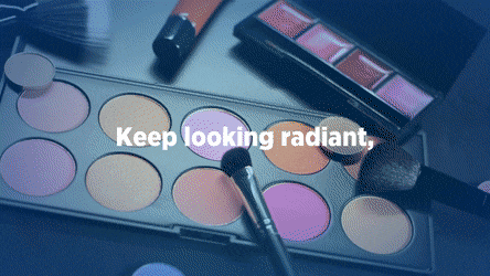 An array of makeup — eye shadow and lip gloss palettes, brushes — rotates. Overlay text reads: “Keep amazing pouty lips, but lose cold sores.” Blue end card reads: ”Get rid of cold sores in 2.5 days. Abreva” accompanied by tube of product.