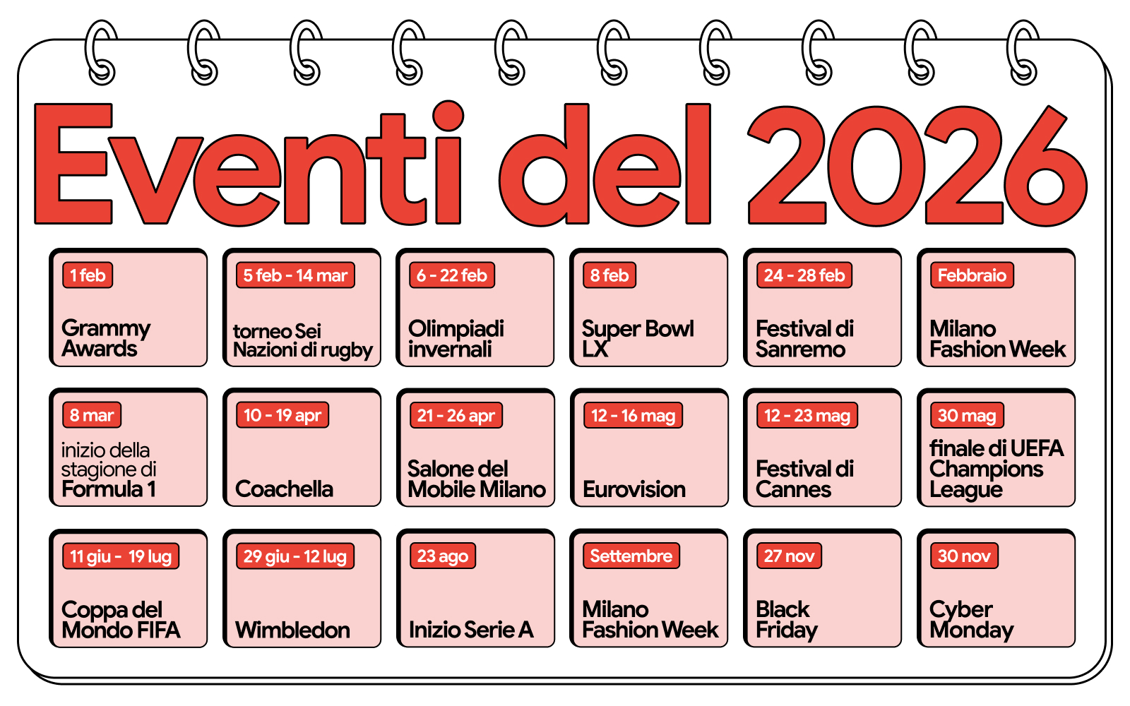 Un calendario che mostra alcuni dei principali eventi sportivi e culturali del 2026, tra cui le Olimpiadi invernali a febbraio, la Coppa del Mondo FIFA a giugno e il Black Friday a novembre.