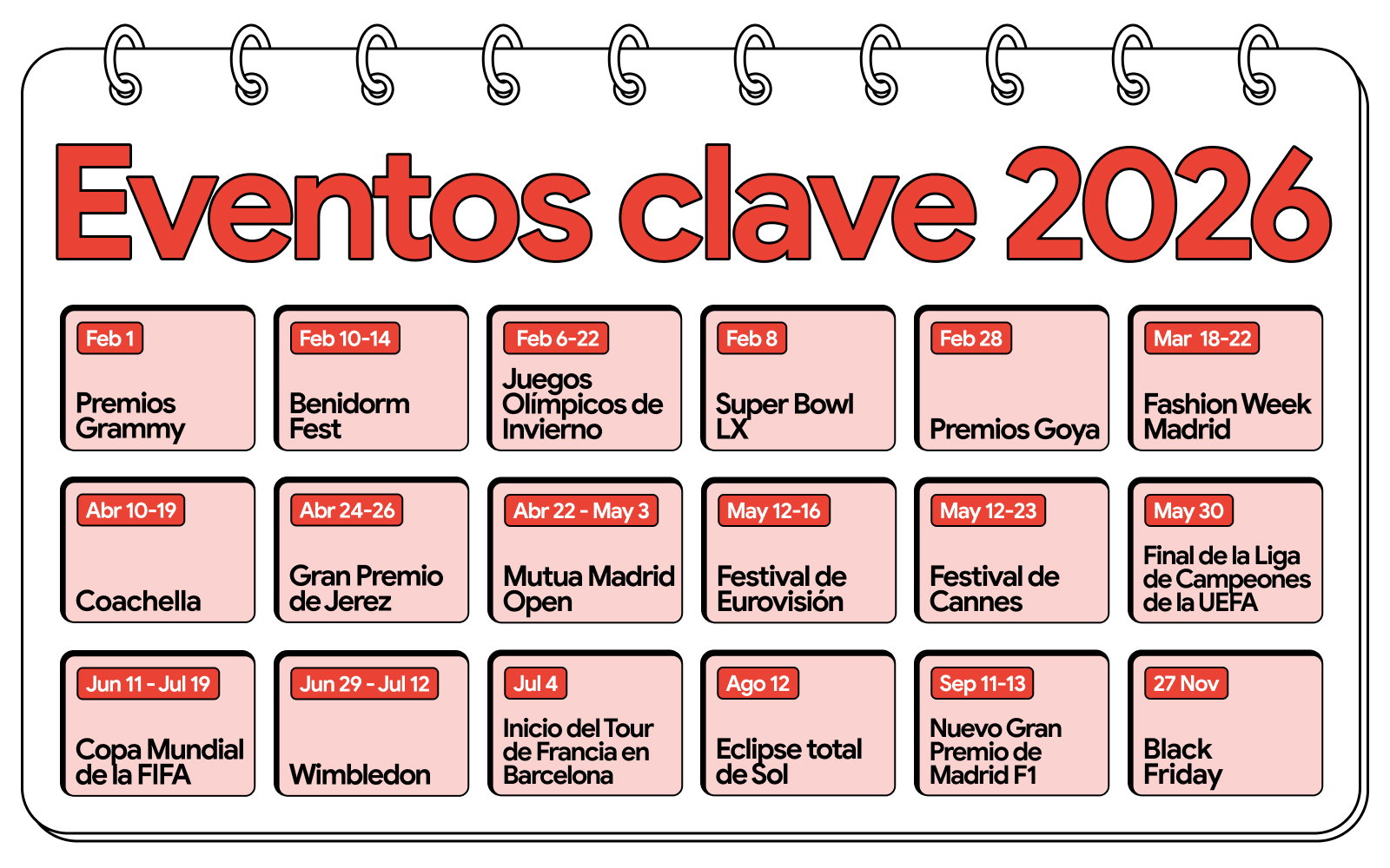 Un calendario que muestra algunos de los principales eventos deportivos y culturales del 2026, como los Juegos Olímpicos de Invierno en febrero, la Copa Mundial de la FIFA en junio y el Black Friday en noviembre.
