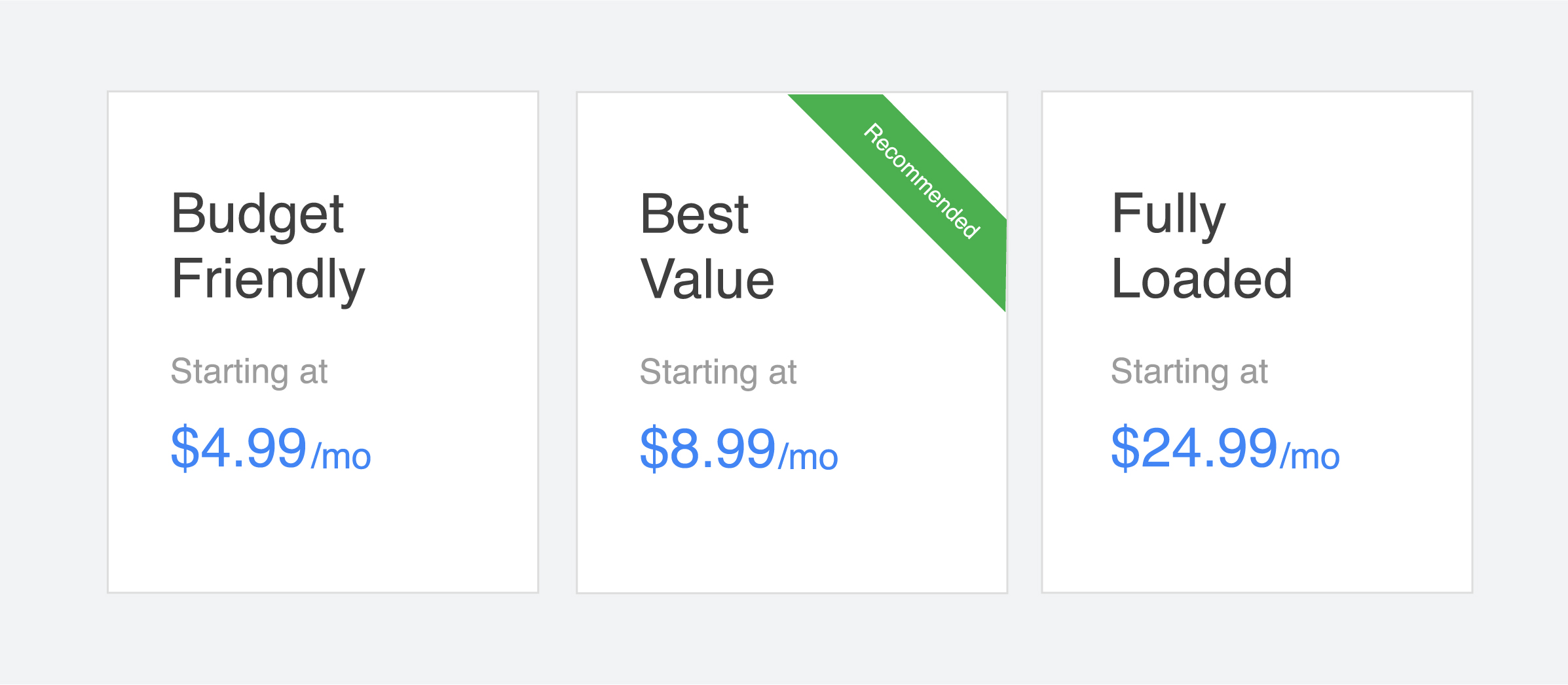 3 phone screens with data plan offers: Budget Friendly Starting at $4.99/mo; Best Value Starting at 8.99/mo A green banner in top right corner reads “Recommended”; Fully Loaded Starting at $24.99/mo.