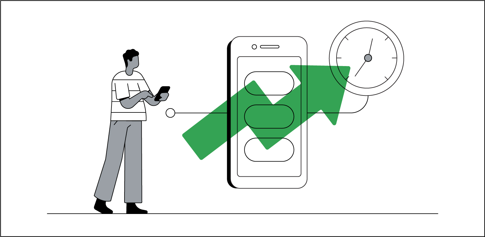 A black and white line drawing of a man of color using a mobile phone that illustrates how mobile site speed increases site usage.