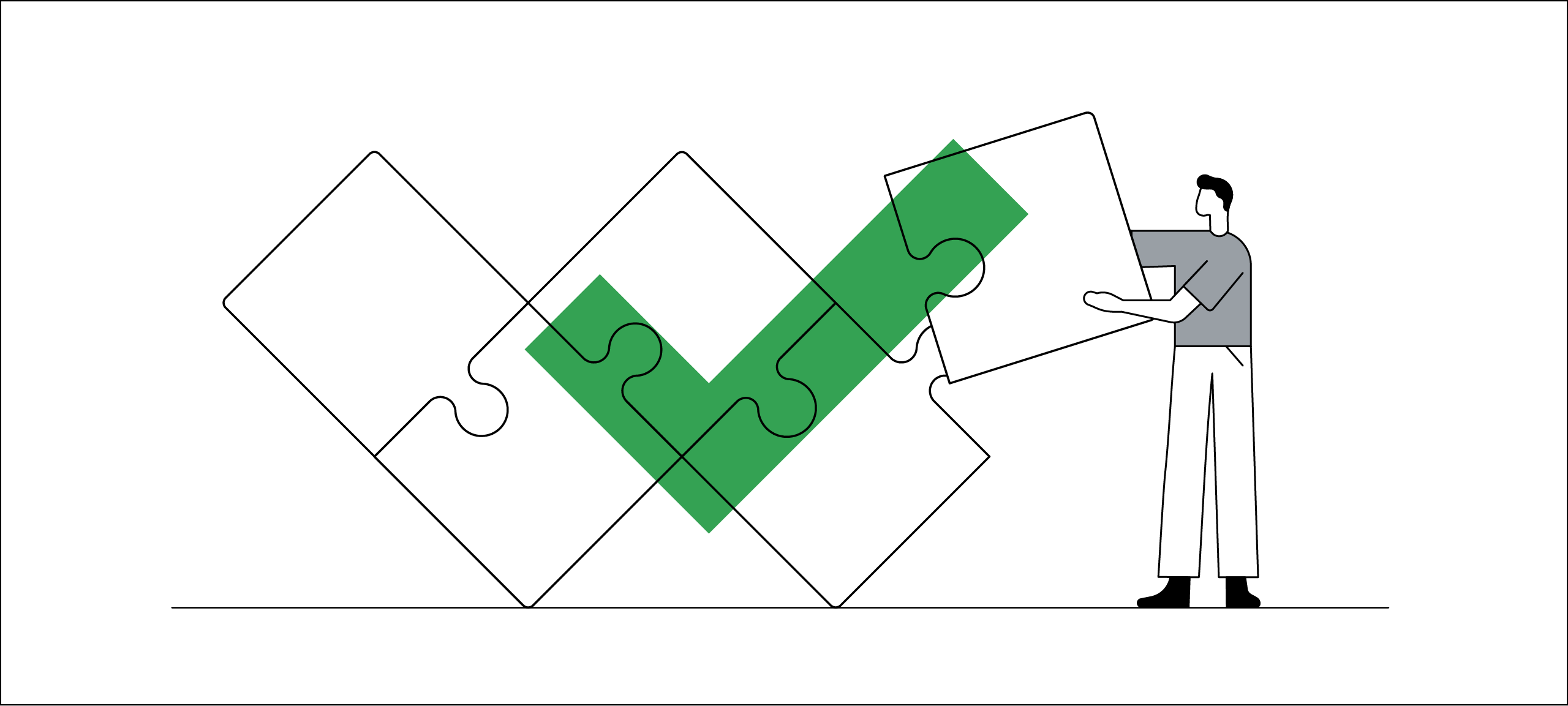 A line drawing illustrates problem solving. A man with black hair adds the final piece to a life-sized jigsaw puzzle. A green checkmark hovers over the W-shaped puzzle to indicate its completion.