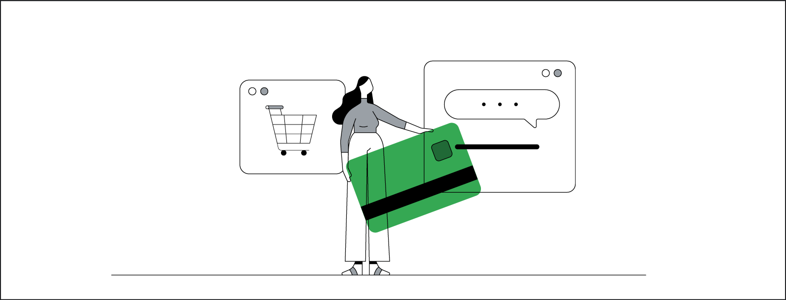 An illustration of a woman with long black hair standing between two life-size browser windows, one with a shopping cart and with an online chat in progress. She is holding a giant credit card.