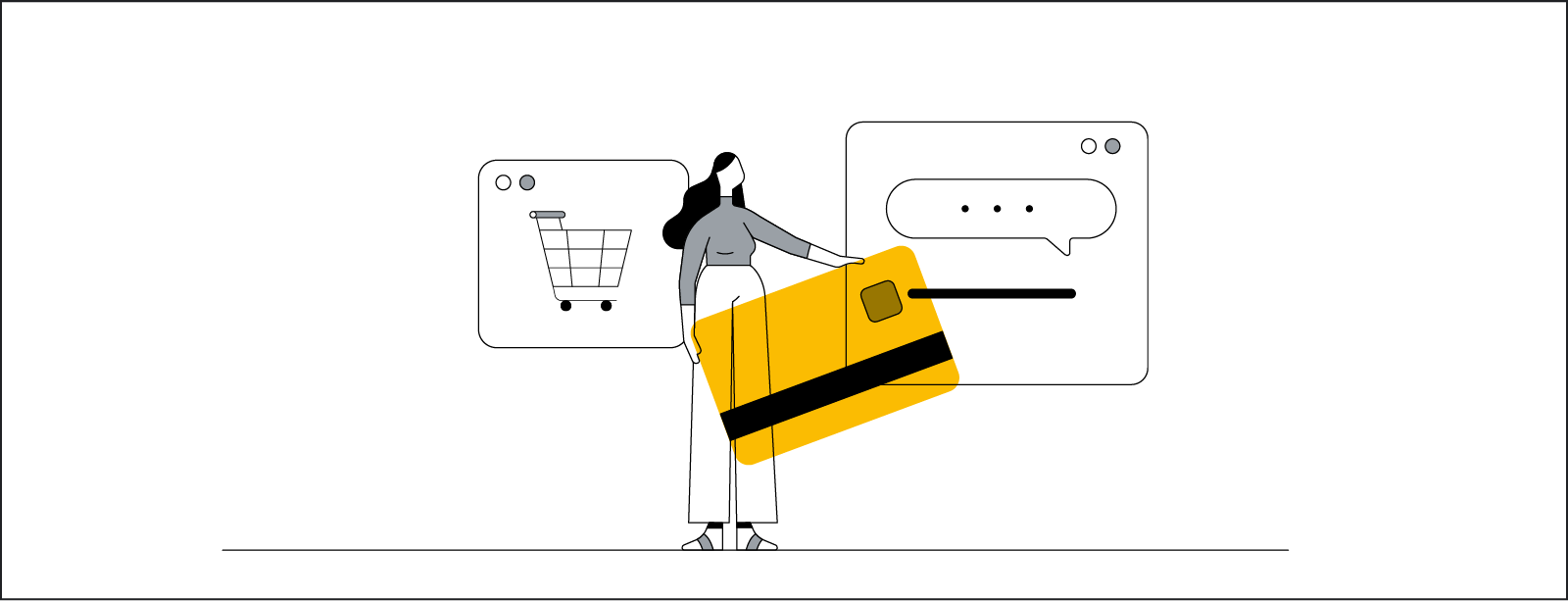 An illustration of a woman with long black hair standing between two life-size browser windows, one with a shopping cart and with an online chat in progress. She is holding a giant credit card.