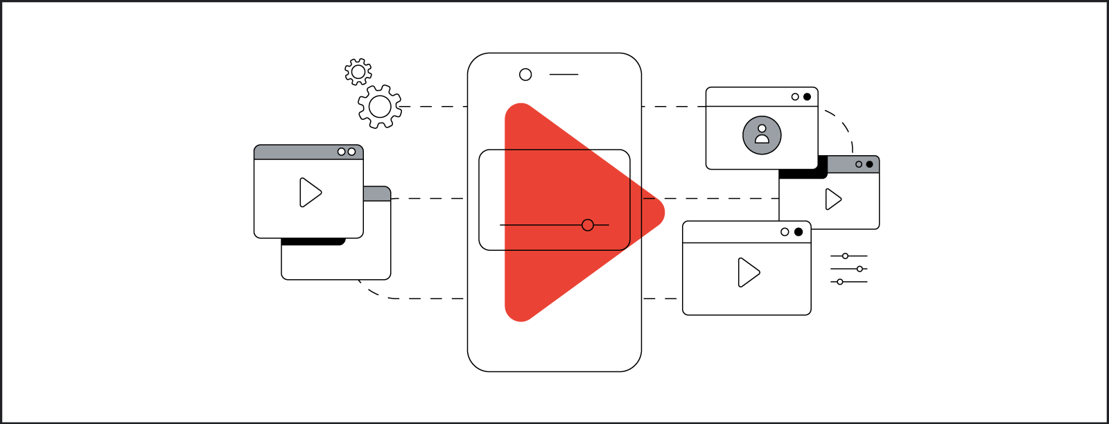 A stylized array of video screens in browser windows encircling a smartphone that displays a large red play button.