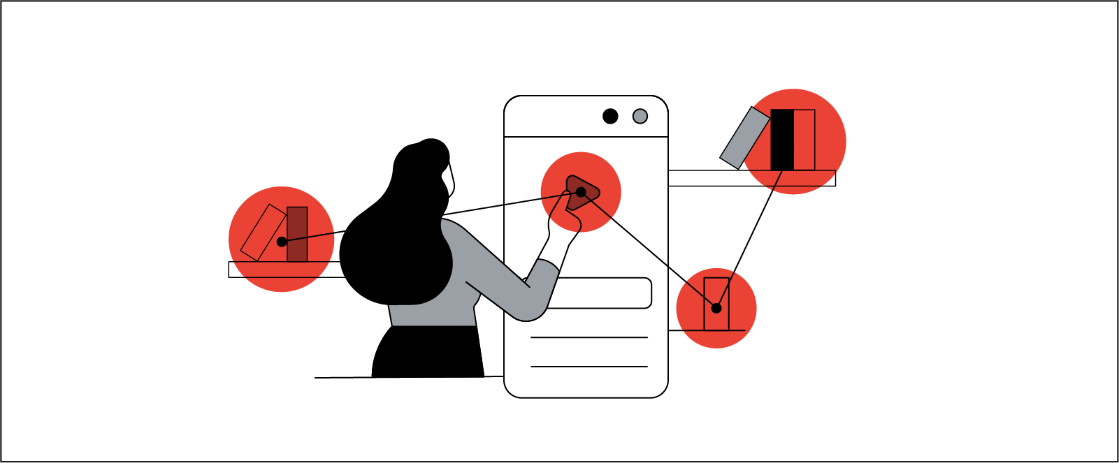 Stylized illustration of a woman interacting with apps on an oversized mobile phone.