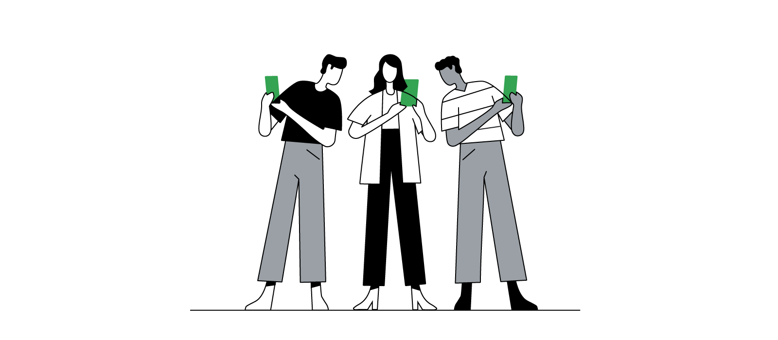 An illustration of a group of people comparing smartphone screens.