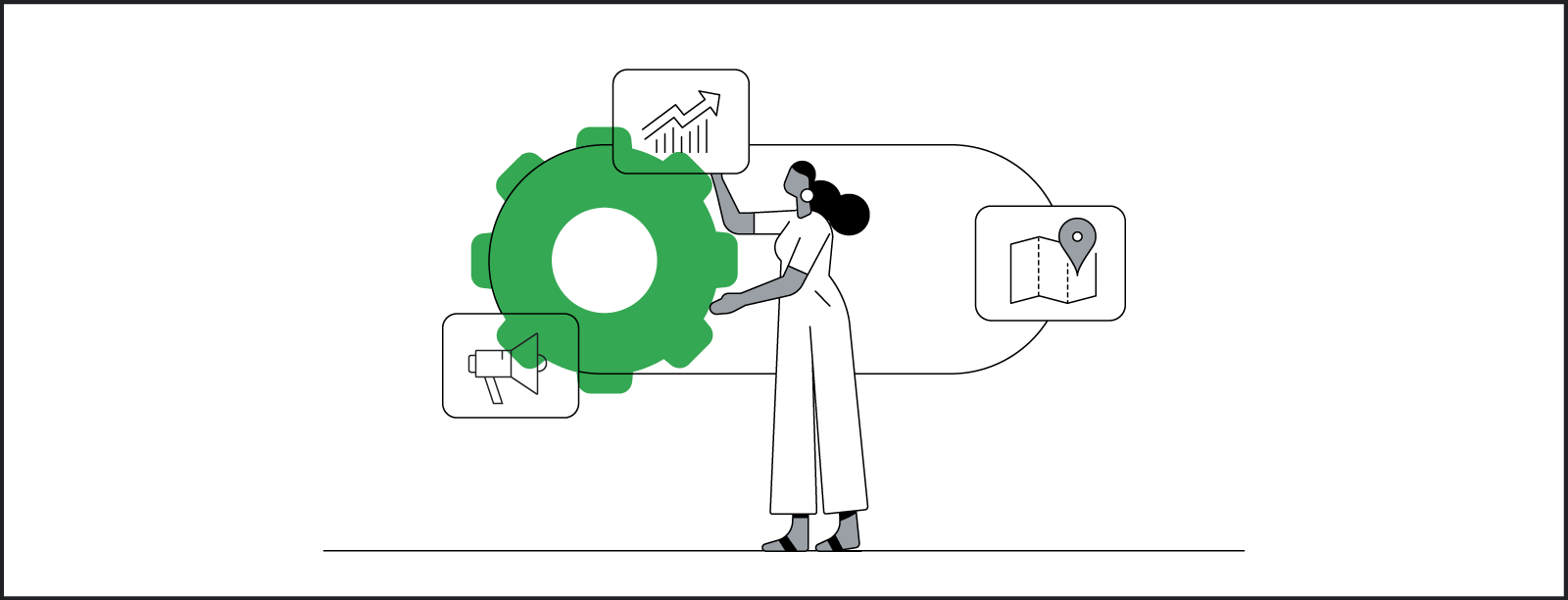 In a stylized illustration, a Black woman interacts with a stylized array of demand settings, like amplification, location, growth, and search.