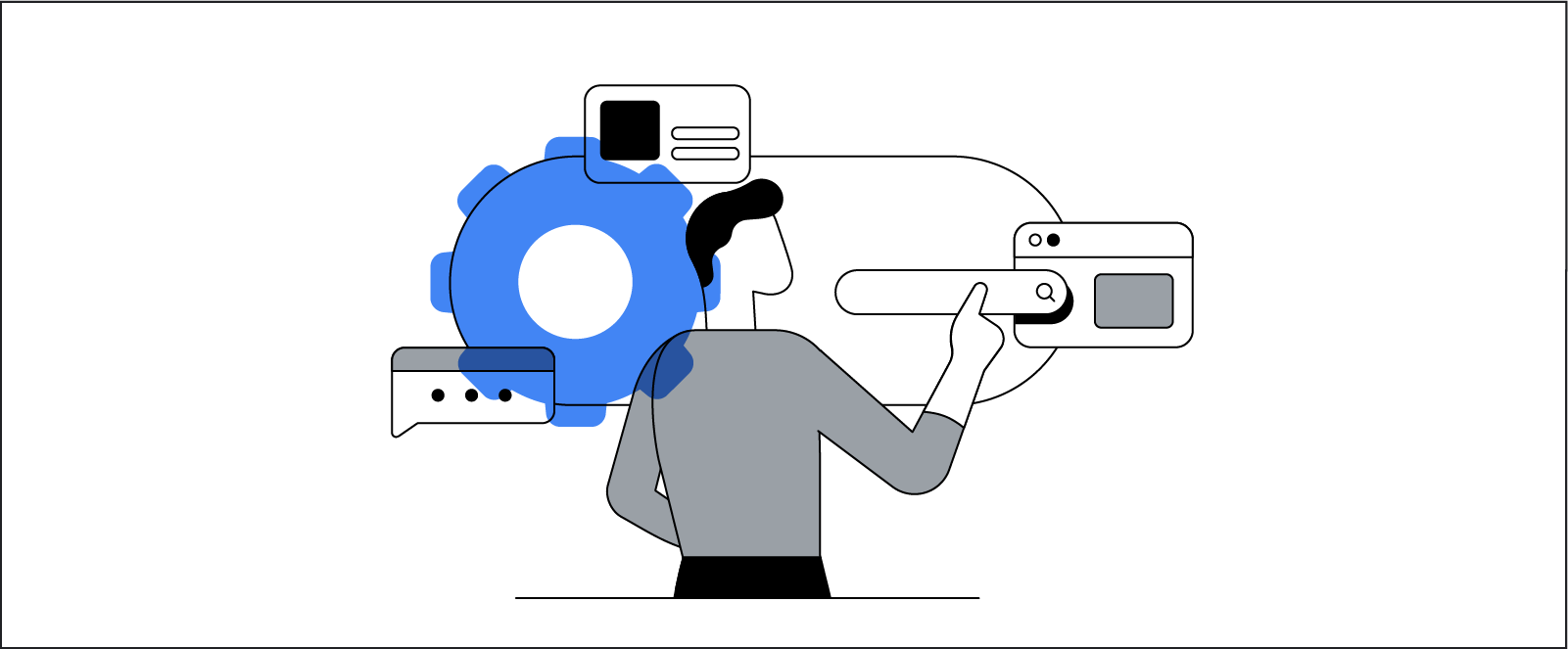 A stylized illustration represents a person interacting with a variety of digital interfaces, from search and user settings to video and chat.