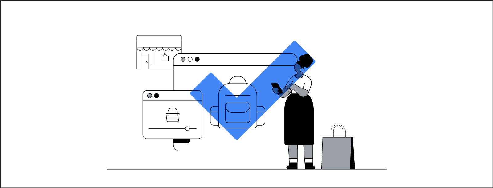 A stylized illustration of a woman using a smartphone while shopping. She stands in front of an array of larger-than-life browser windows that display digital storefronts.