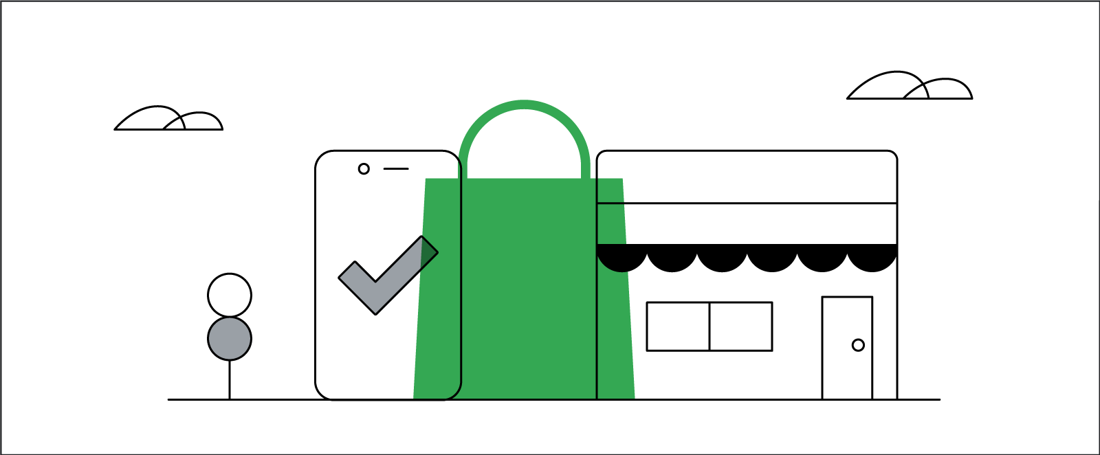 A stylized illustration of a street scene composed of shops that include a smartphone, a shopping bag, and an internet browser, all resembling brick-and-mortar stores.