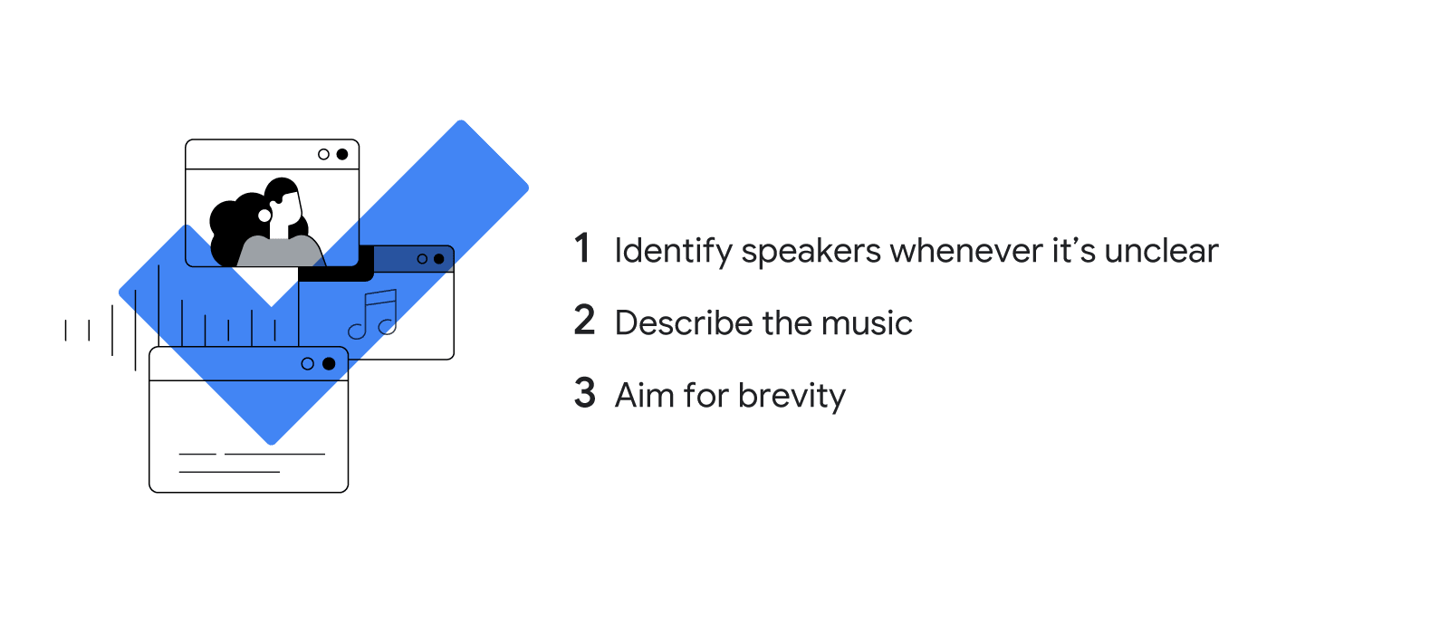 Stylized illustration of video screens overlaid with a check mark represent a list of three ways to be sure video captions are helpful: Identify speakers, describe the music, and aim for brevity.