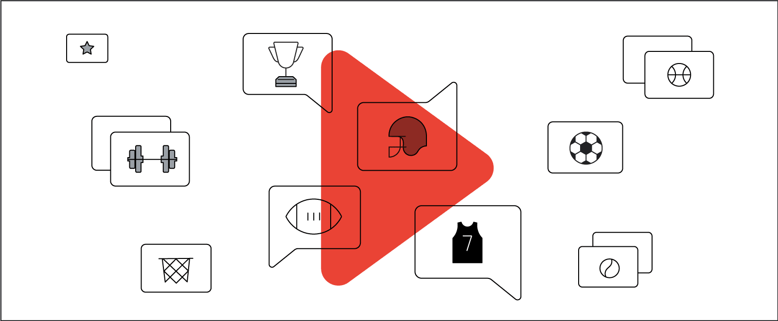 An array of illustrated icons relating to sports, like balls, jerseys, weights, and trophies, are in comment bubbles, hovering around a big, red YouTube play button.