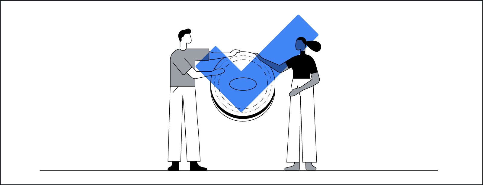 A stylized illustration of two people standing opposite one another and holding a very large chocolate sandwich cookie.