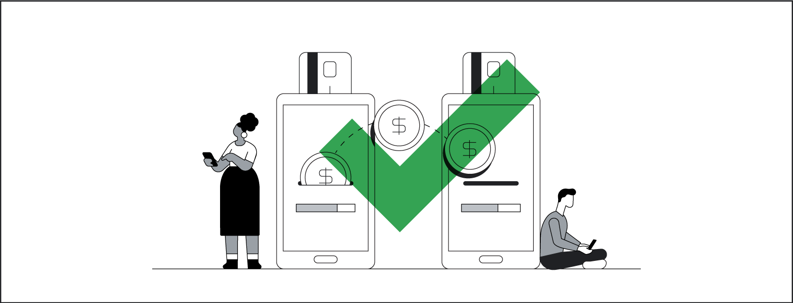 A stylized line drawing of two life-size smartphones open to a money-transfer app, with credit cards poking out from the top, as if being swiped. On either side of the phones are two people, one standing, one sitting, using their mobile devices.