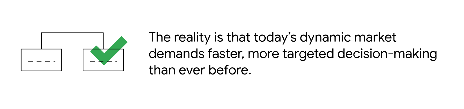 A line drawing of a small section of a flow chart with a green check in one of the two boxes. “The reality is that today’s dynamic market demands faster, more targeted decision-making than ever before.”