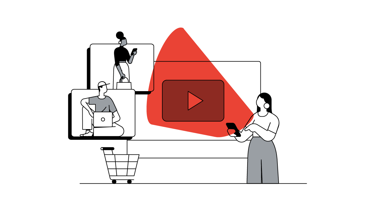 Three individuals use phones and laptops to consume digital media, and a spotlight on the YouTube logo above a shopping cart representing the different touch points a brand can use to engage shoppers along their digital journey.