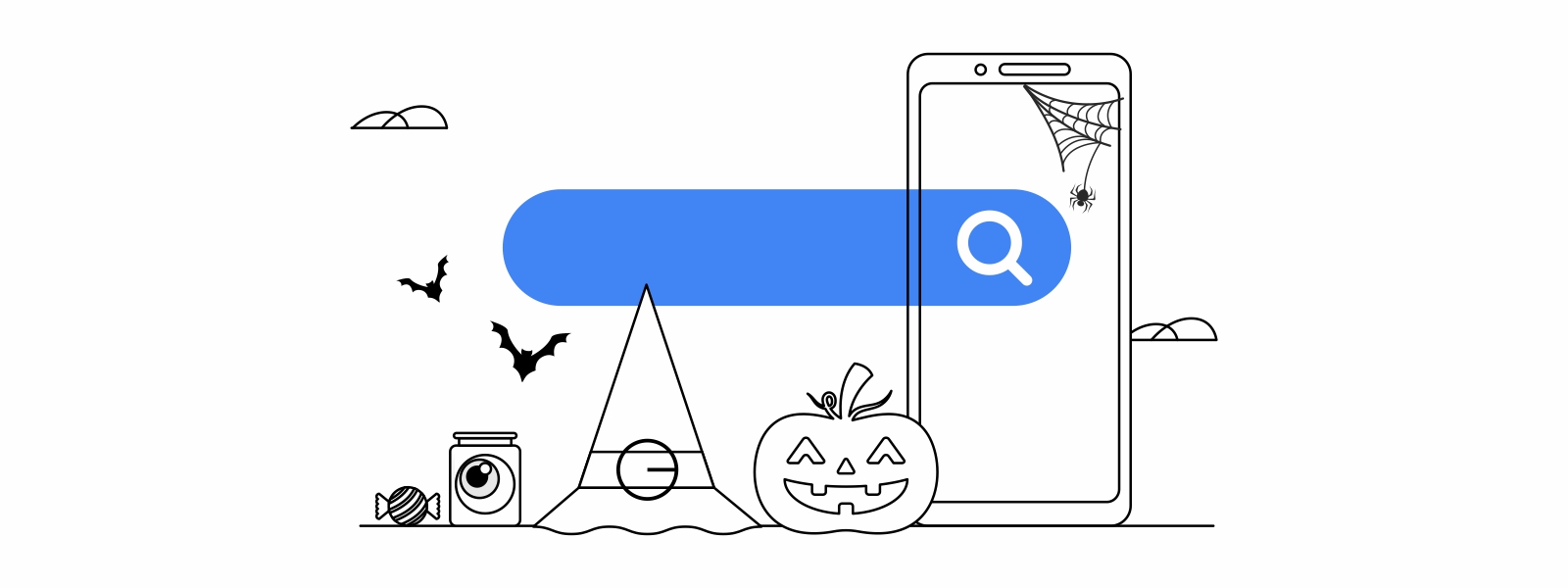 Un dispositivo móvil detrás de una barra de Búsqueda azul con una lupa. A la izquierda, un sombrero de bruja, una calabaza, dos murciélagos y unos dulces.