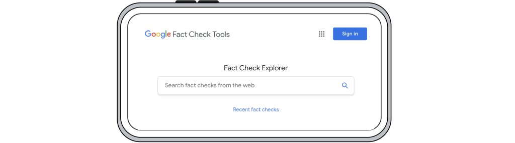 A mobile phone displaying Google’s Fact Check Explorer which helps to counter fake news, ensure information credibility, and reduce misinformation online
