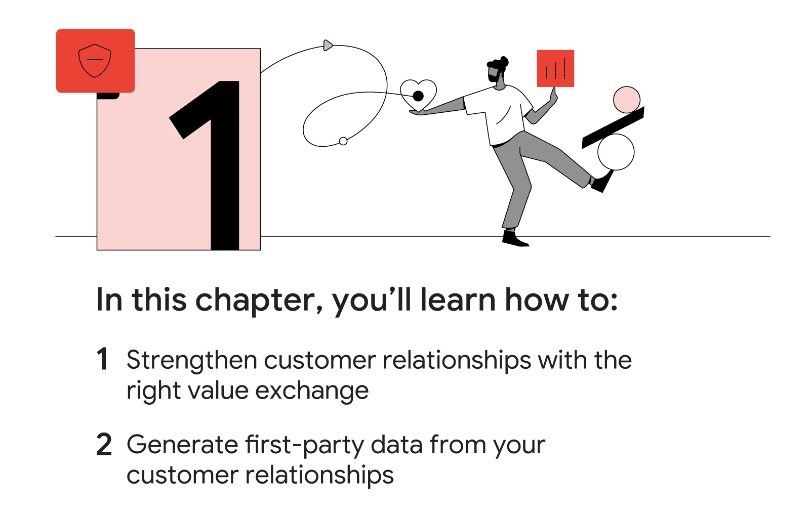 1. A Southeast Asian man balances shapes on his right foot, right forefinger & left hand. In this chapter, you’ll learn how to: 1 Build customer relationships with the right value exchange. 2 Generate first-party data from your customer relationships