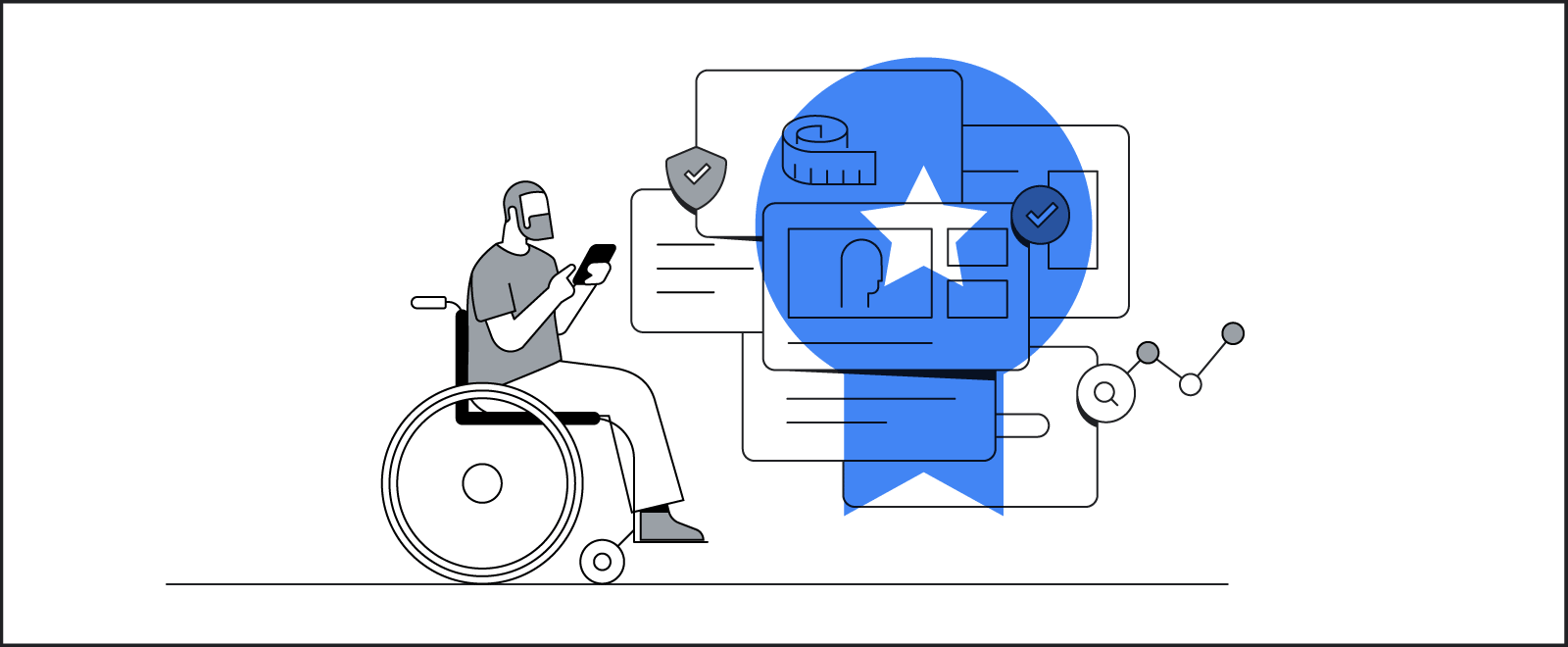 A bearded white person sits in their wheelchair, reading Think with Google on a mobile device.