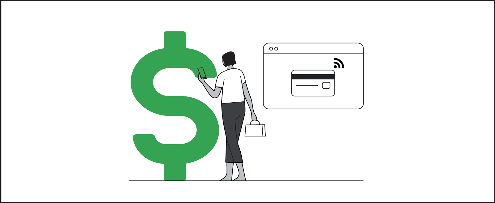 A woman of color with short dark hair walks toward a life-size dollar sign with her back to the viewer as she checks her bank balance on her smartphone.