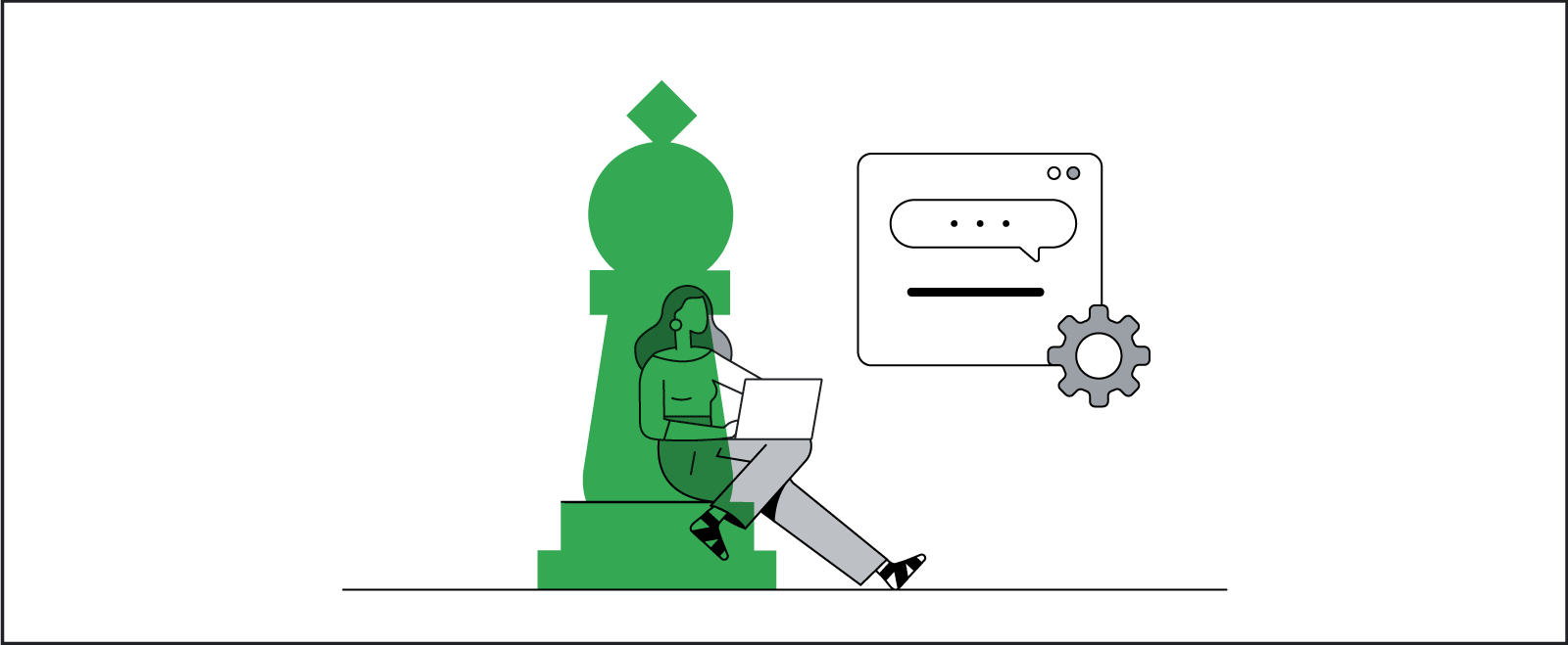 Una mujer blanca sentada en la base de una pieza de ajedrez de gran tamaño trabaja con un portátil. Según su configuración de privacidad y usuario, se le muestra un anuncio programático adaptado a sus preferencias.