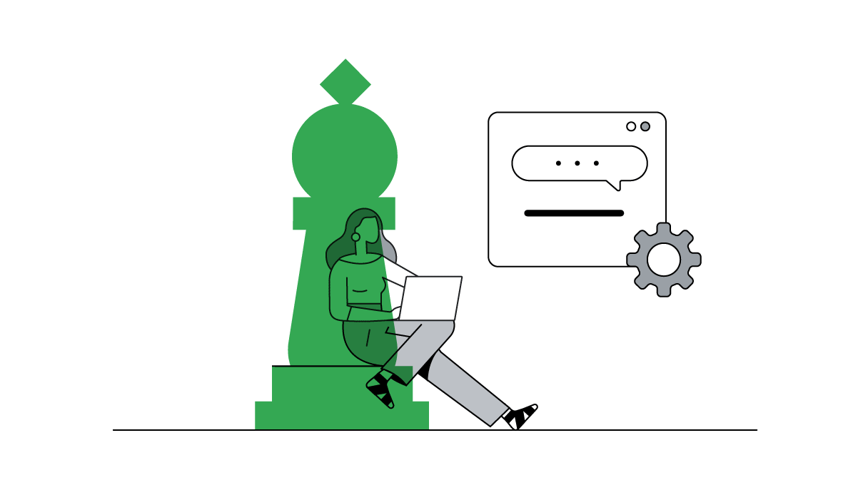 A white woman sits at the base of a life-size chess piece while working on a laptop. Based on her privacy and user settings, she sees a programmatic ad tailored to her preferences.