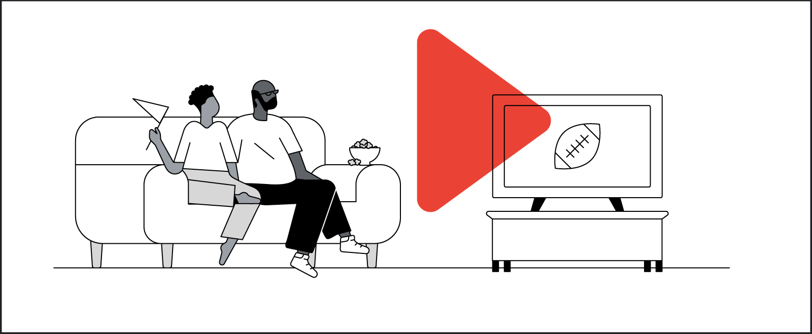 A Black couple, sitting on their couch in their living room, watch the Super Bowl on YouTube on connected TV.