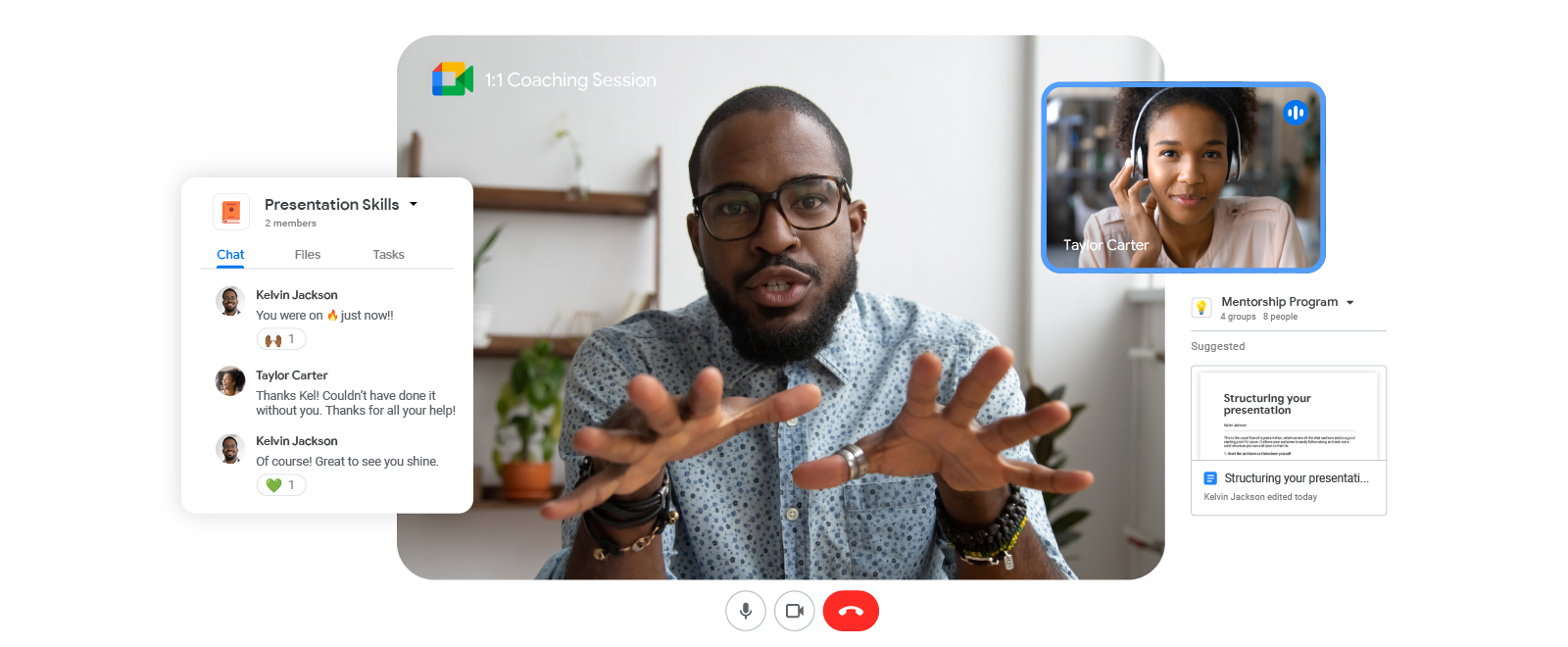 A Black man with short hair and glasses is giving a dynamic video presentation in Google Workspace. As he speaks, he gestures toward the other viewers with his hands.