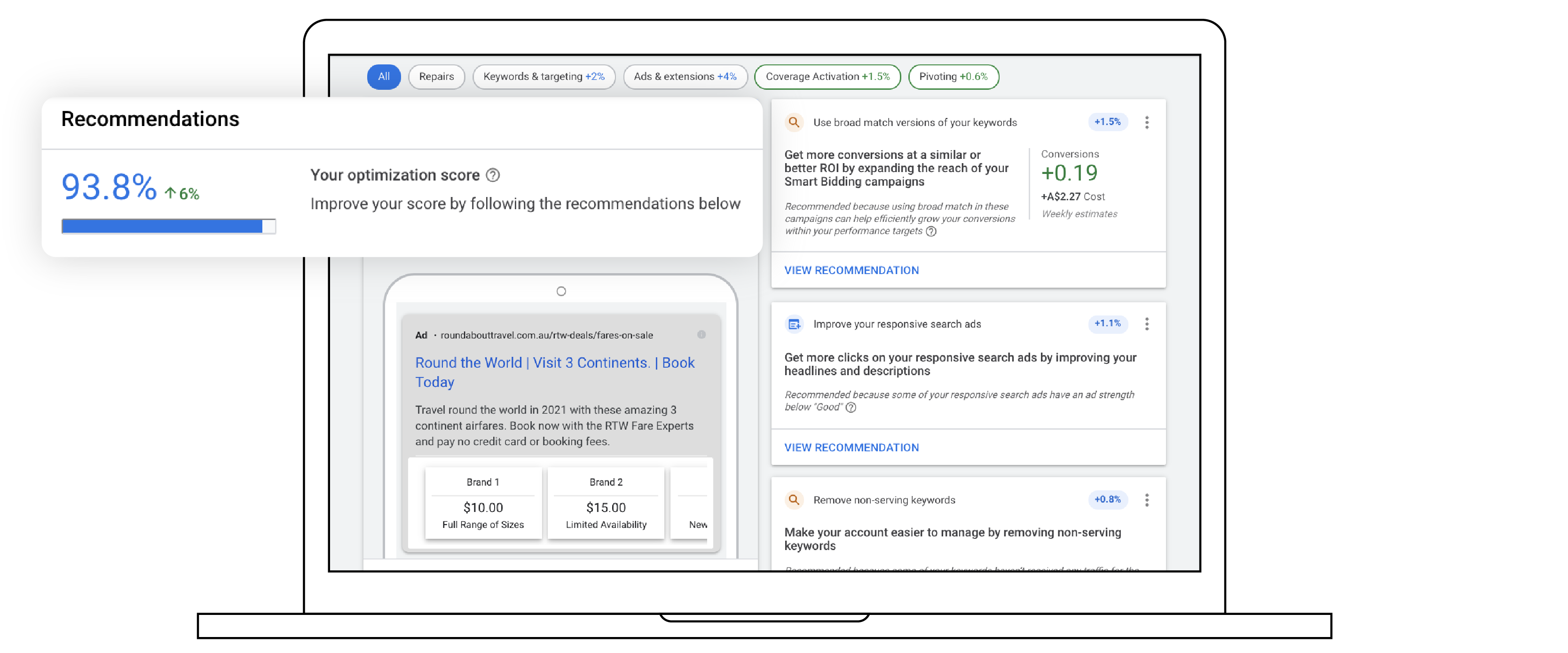 A Google Ads account featuring an optimisation score.