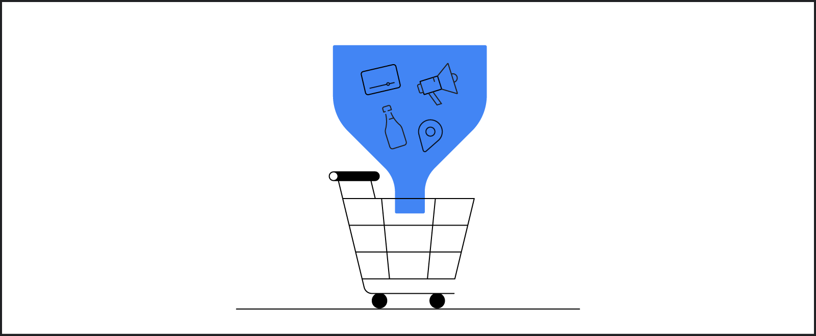 Icons, like a ketchup bottle, an online video player, a Google Maps location pin, and a megaphone, tumble into a grocery-store shopping cart through a big blue funnel.