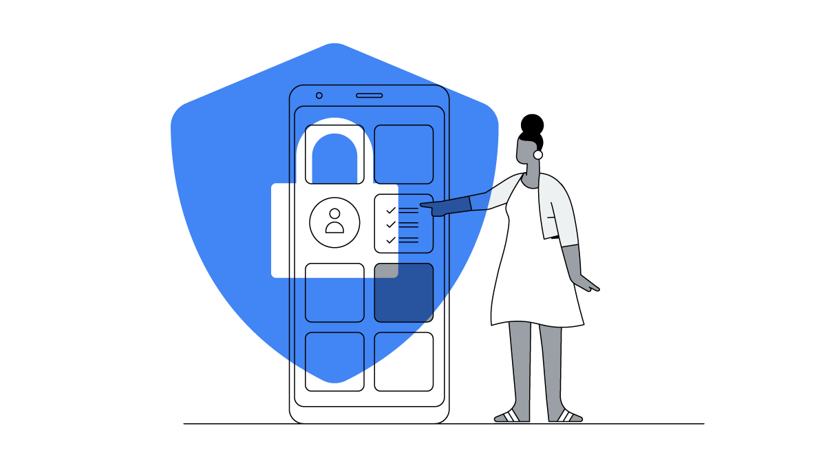 A Black woman, with her hair in a bun and wearing an A-line dress, uses a privacy-safe app on her mobile phone.