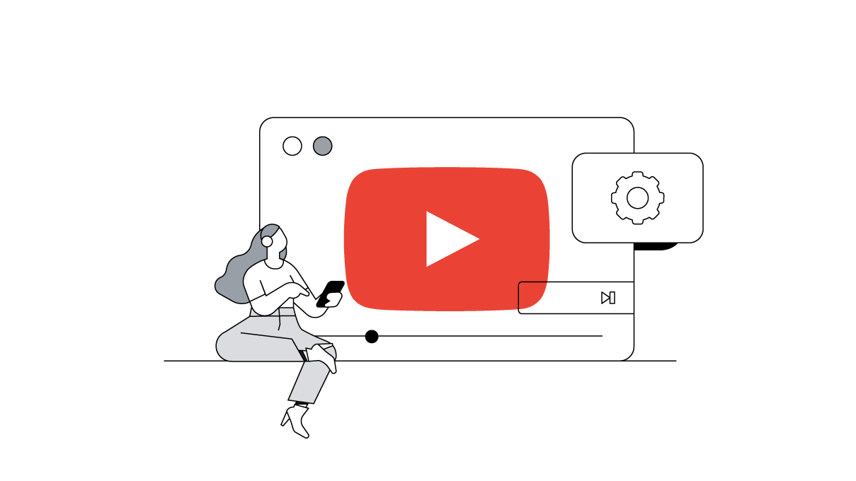 A person with long hair, hoop earrings, and high-heeled boots sits with one leg crossed on a ledge interacting with her phone. Behind her is a large screen with a YouTube logo and video controls, with a settings gear protruding from the side.