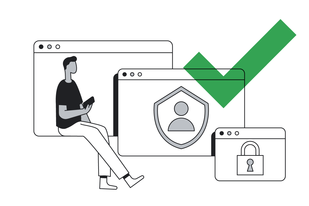 A person holding a mobile phone sits on a large browser window, which is surrounded by smaller browser windows featuring a shield enclosing a human silhouette and a lock. A large, green check mark is layered on top.