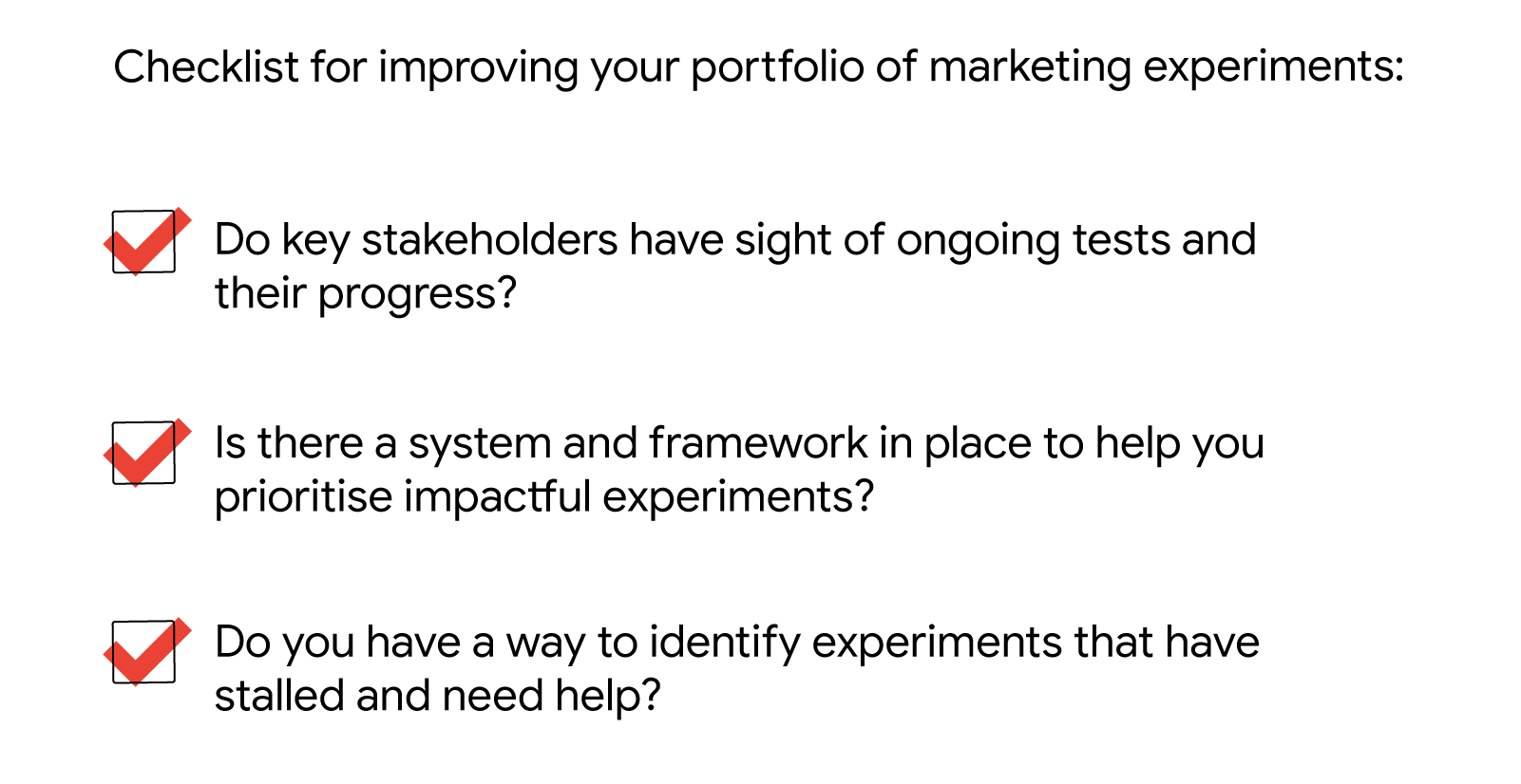 Checklist for improving your portfolio of marketing experiments: Do key stakeholders have sight of ongoing tests? Is there a framework to prioritise impactful experiments? Do you have a way to identify experiments that have stalled and need help?