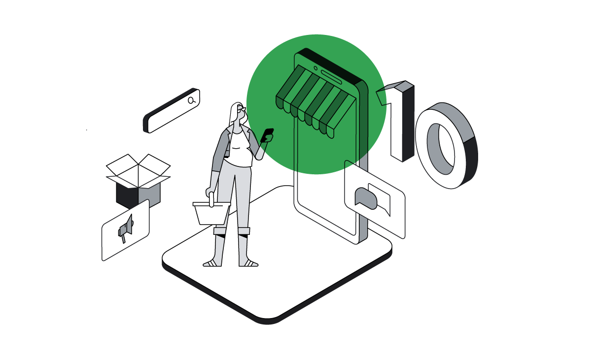 10. A person with a medium skin tone — wearing glasses and casual clothing — makes a purchase from one of her favourite businesses on her mobile phone.