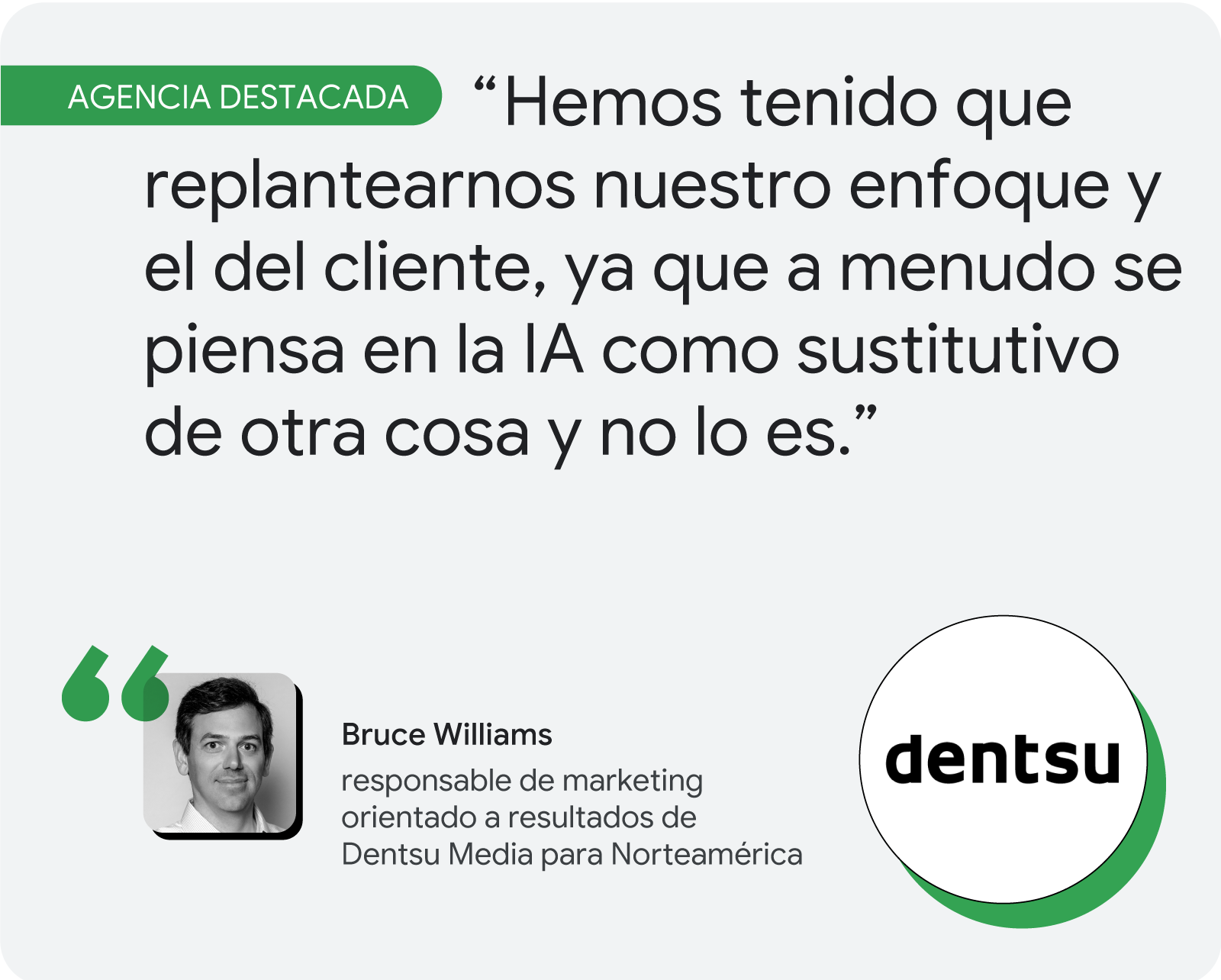 Agencia destacada. Bruce Williams, responsable de marketing orientado a resultados de Dentsu Media para Norteamérica, comenta: "Hemos tenido que replantearnos nuestro enfoque y el del cliente, ya que a menudo se piensa en la IA como sustitutivo de otra co