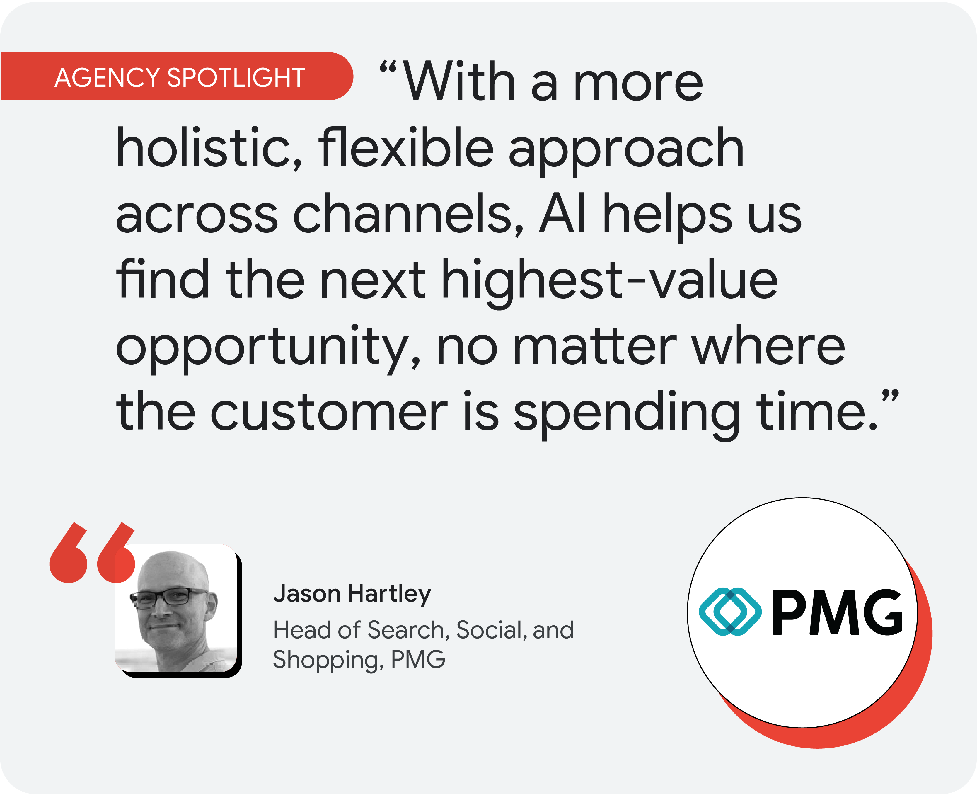 Agency spotlight. According to Jason Hartley, head of search, social, and shopping at PMG, “With a more holistic, flexible approach across channels, AI helps us find the next highest-value opportunity, no matter where the customer is spending time.”