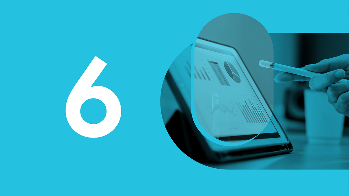 Chapter 6. A tablet screen displays bar charts, a line graph, and a pie chart. A hand holding a stylus pen gestures toward the screen.